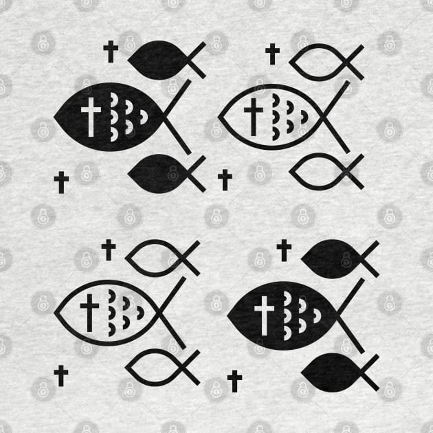 Black and white Christian Ichthys fish cross symbol (White background/ black text) by Mission Bear